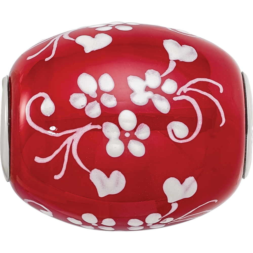 Ster.Silver Reflections Red Hand Painted Floral Hearts Fenton Glass Bead
