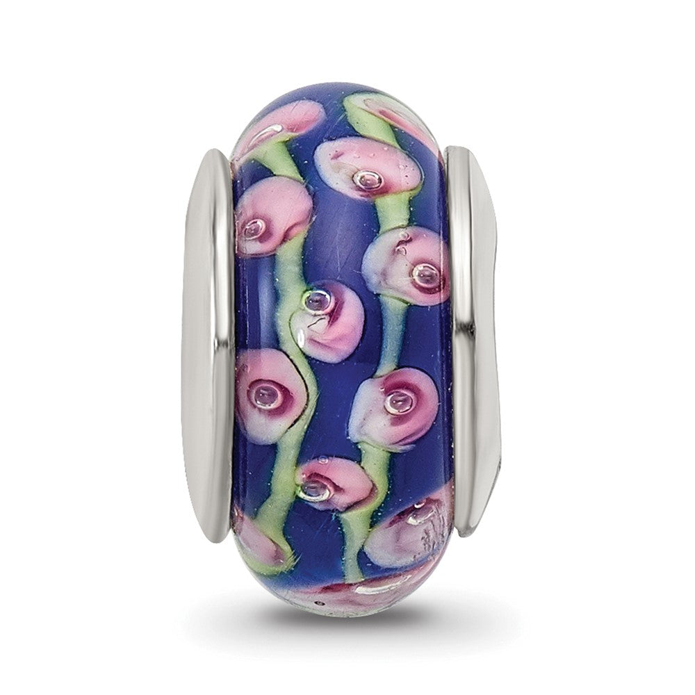 Sterling Silver Reflections Blue Floral Hand-blown Glass Bead