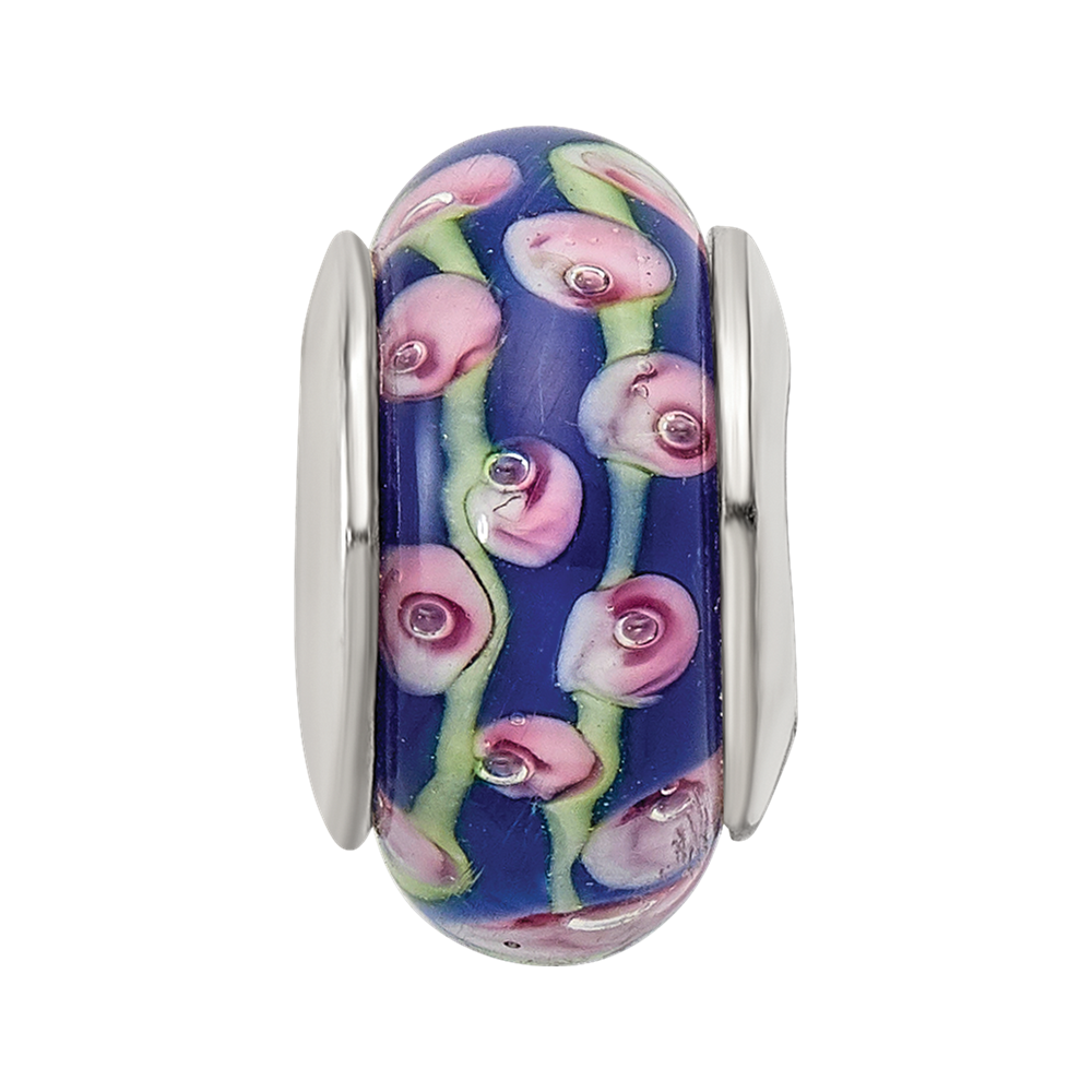 Sterling Silver Reflections Blue Floral Hand-blown Glass Bead