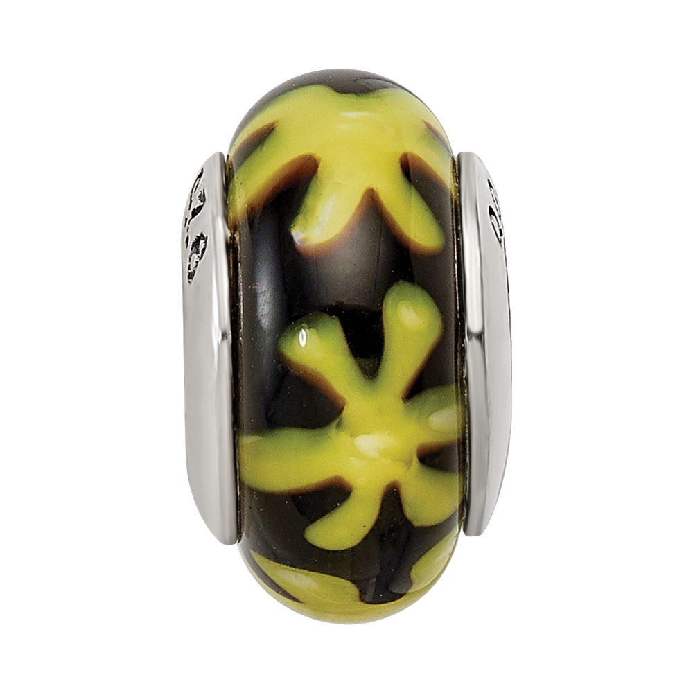 Sterling Silver Reflections Yellow/Black Hand-blown Glass Bead