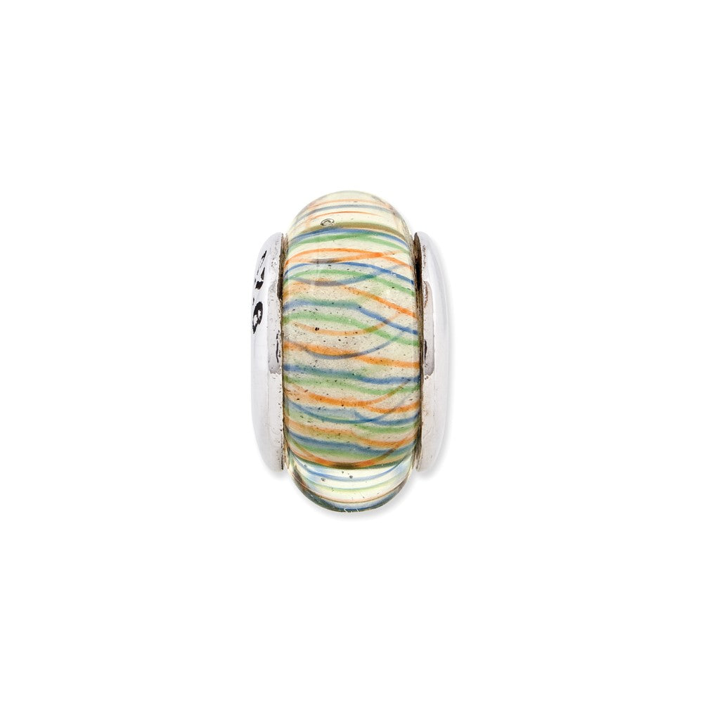Sterling Silver Reflections Green Pastel Striped Hand-blown Glass Bead