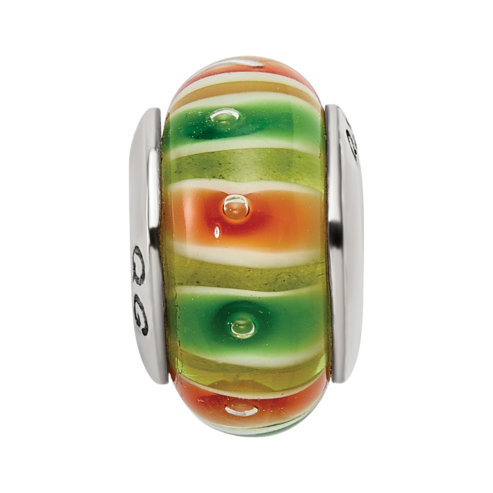 Sterling Silver Reflections Green/Orange Hand-blown Glass Bead