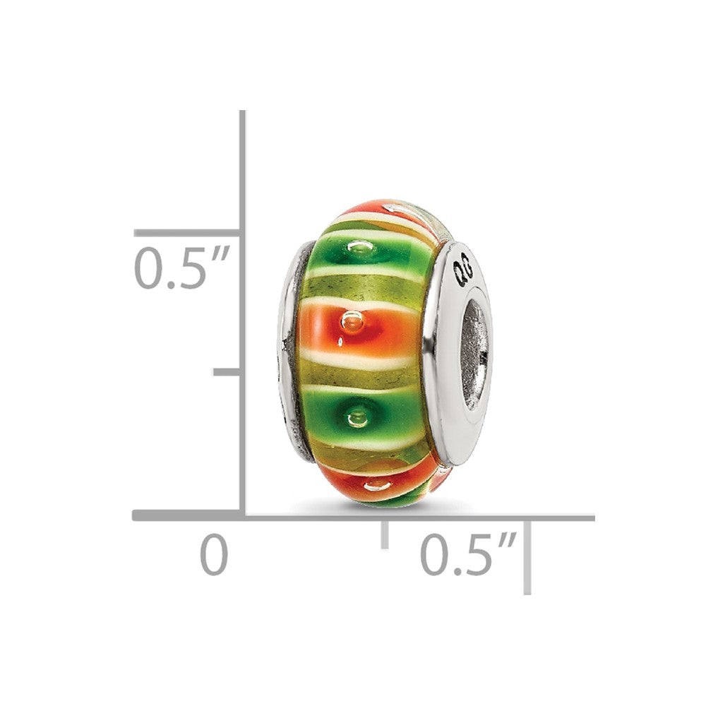 Sterling Silver Reflections Green/Orange Hand-blown Glass Bead
