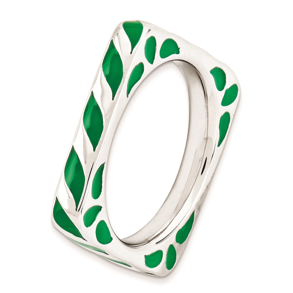 Sterling Silver Stackable Expressions Polished Green Enameled Square Ring