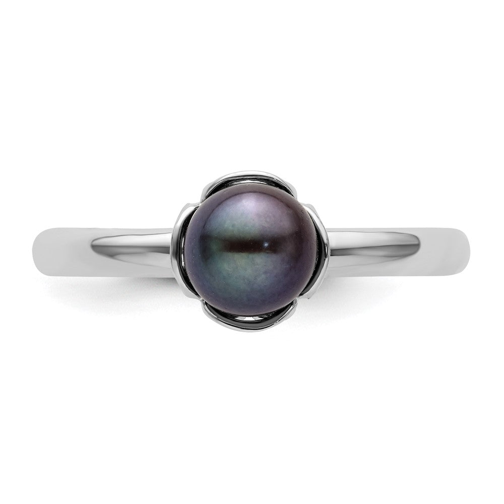 Sterling Silver Stack Exp. Polished Black FW Cultured Pearl Ring
