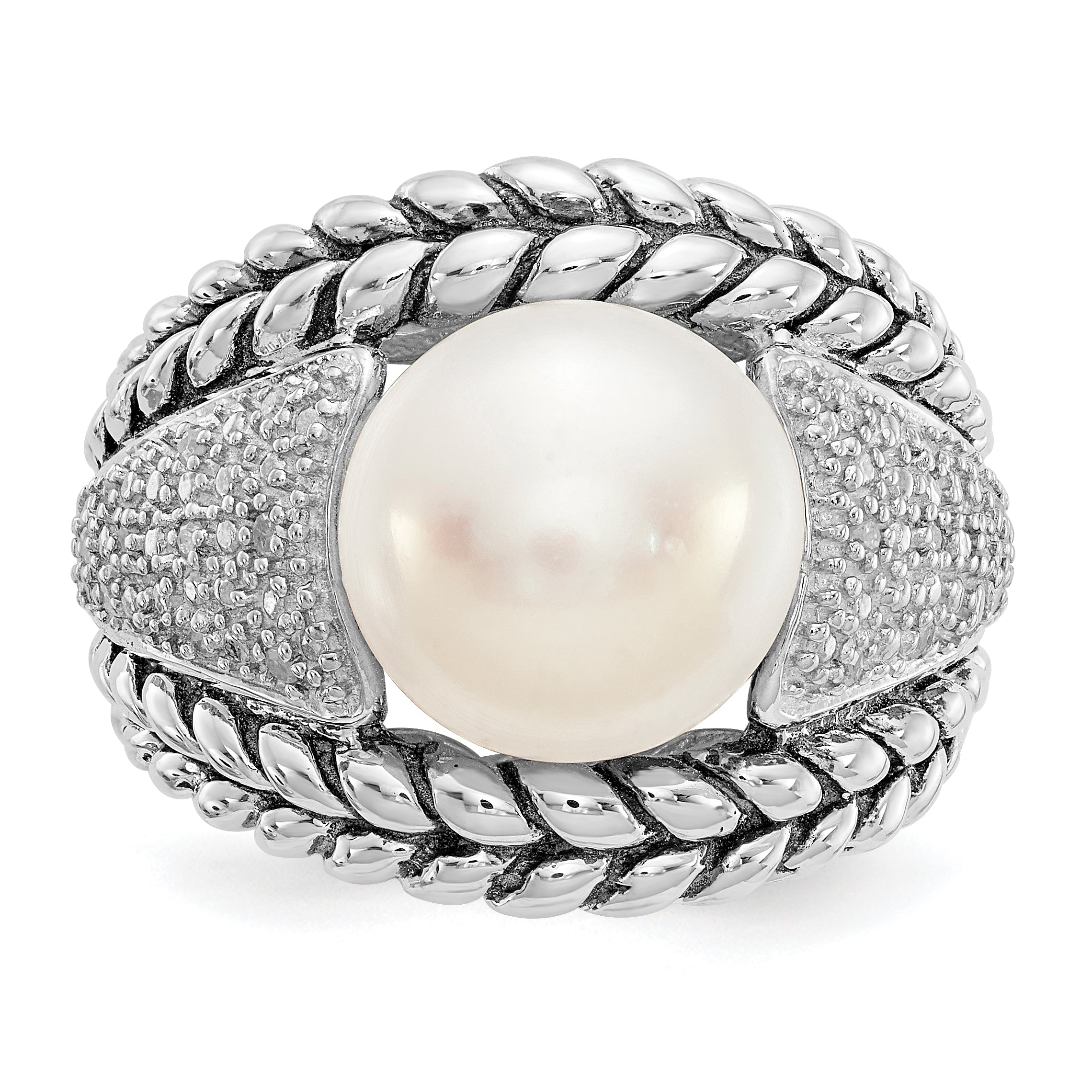 Shey Couture Sterling Silver Antiqued Freshwater Cultured Pearl and Diamond Ring