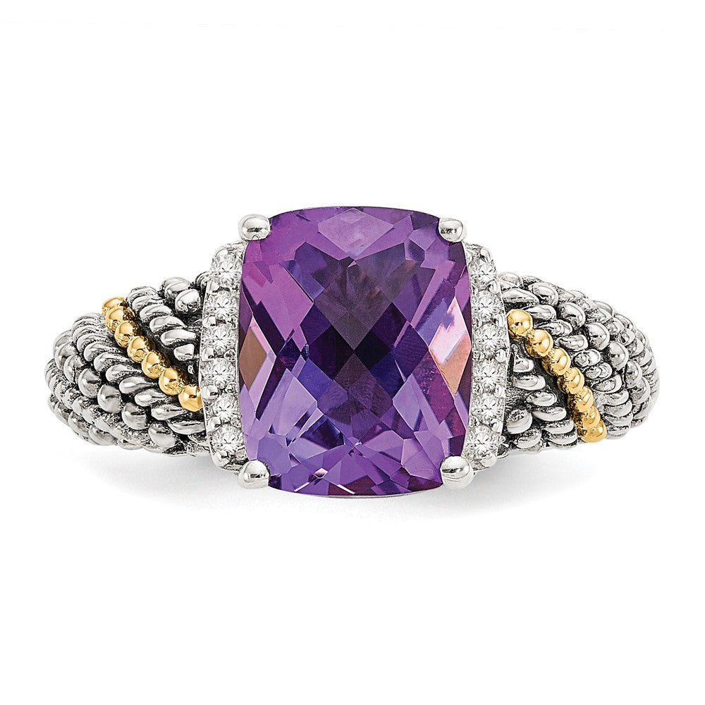 Shey Couture Sterling Silver with 14K Accent Antiqued Diamond and Cushion Amethyst Ring