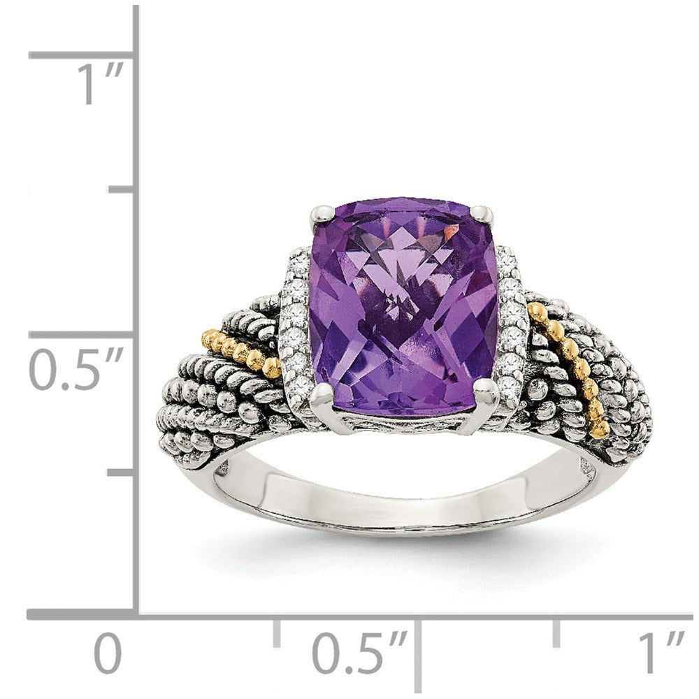 Shey Couture Sterling Silver with 14K Accent Antiqued Diamond and Cushion Amethyst Ring