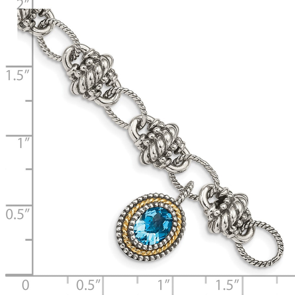 Shey Couture Sterling Silver with 14K Accent 7.5 Inch Antiqued Oval Light Swiss Blue Topaz Bracelet