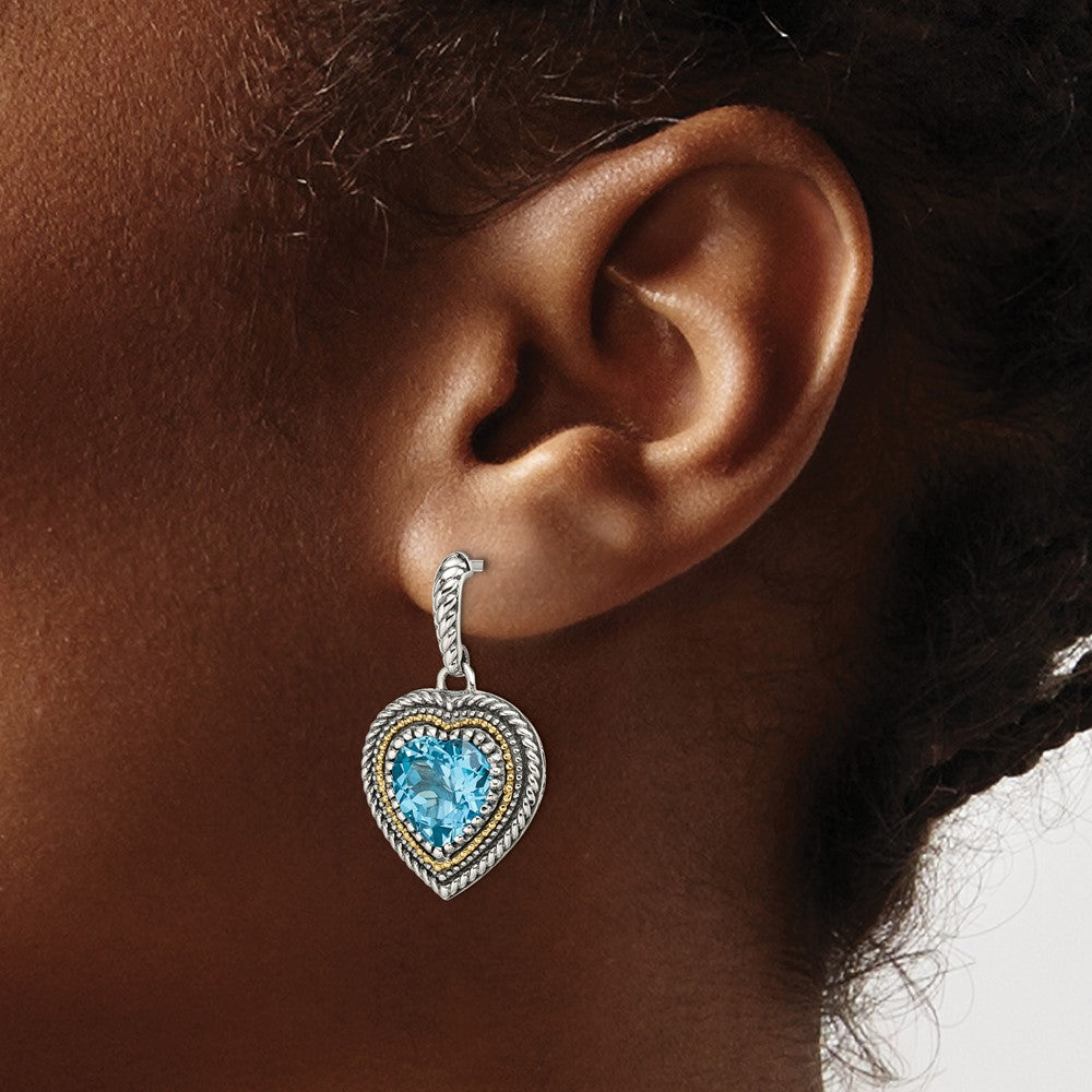 Shey Couture Sterling Silver with 14K Accent Antiqued Light Swiss Blue Topaz Heart Dangle Post Earrings