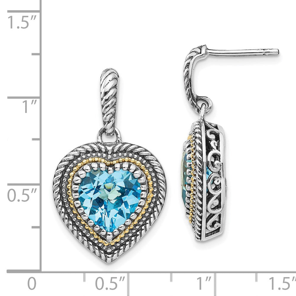 Shey Couture Sterling Silver with 14K Accent Antiqued Light Swiss Blue Topaz Heart Dangle Post Earrings