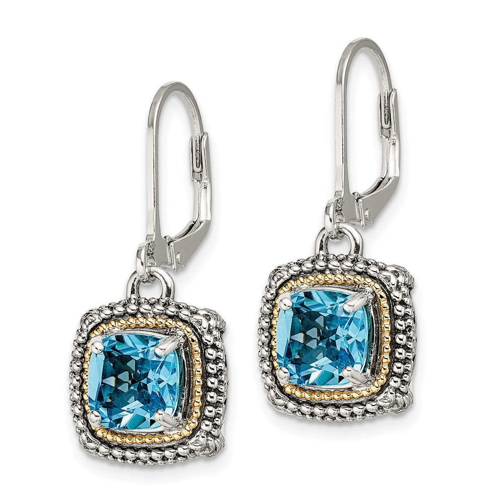 Shey Couture Sterling Silver with 14K Accent Antiqued Cushion Light Swiss Blue Topaz Leverback Dangle Earrings