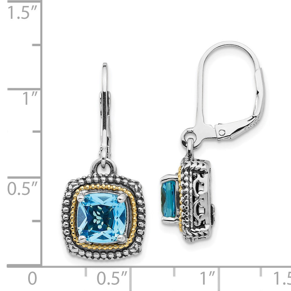 Shey Couture Sterling Silver with 14K Accent Antiqued Cushion Light Swiss Blue Topaz Leverback Dangle Earrings