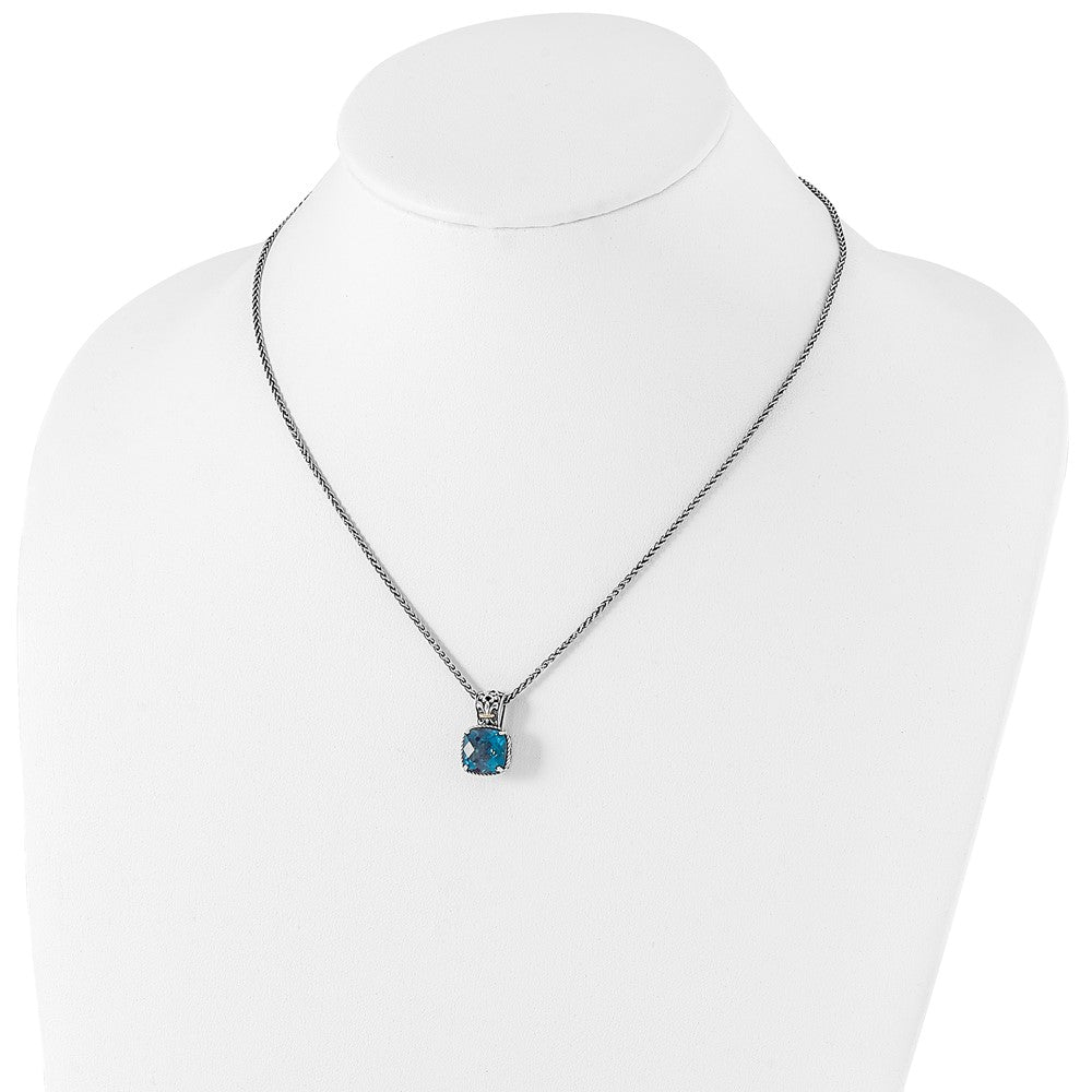Shey Couture Sterling Silver with 14K Accent 18 Inch Antiqued Cushion London Blue Topaz Necklace