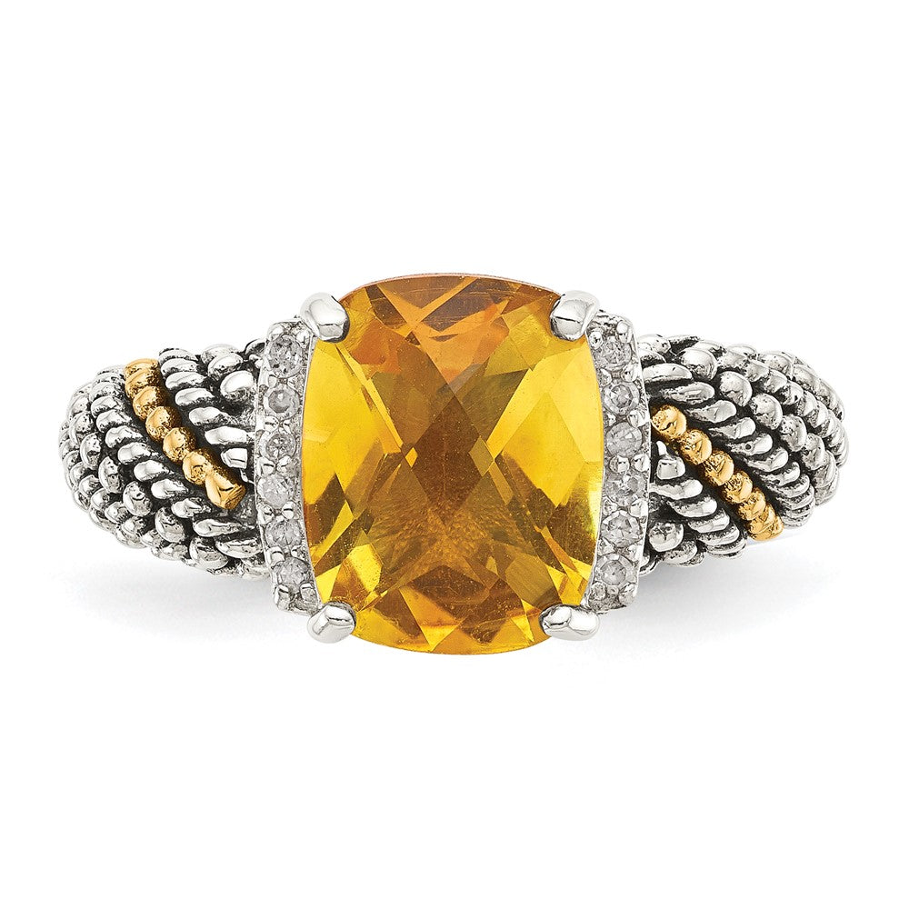 Shey Couture Sterling Silver with 14K Accent Antiqued Diamond and Checkerboard Cushion Citrine Ring