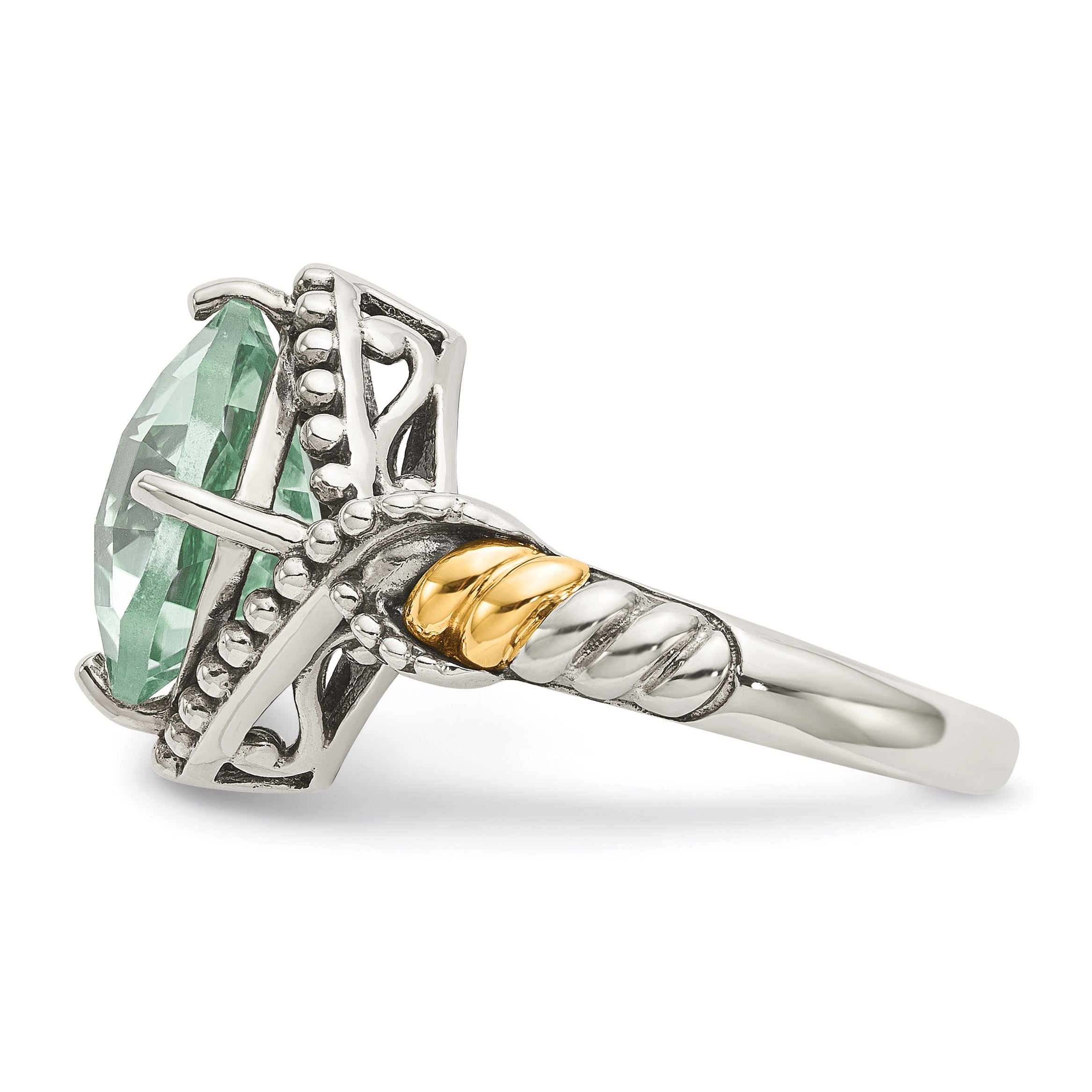 Sterling Silver W/14Ky Green Quartz Cushion Ring