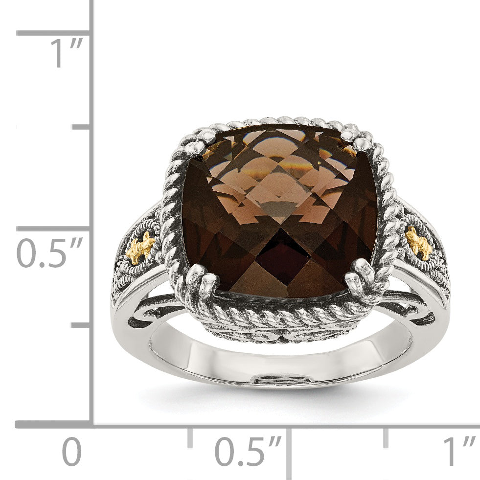 Shey Couture Sterling Silver with 14K Accent Antiqued Cushion Checkerboard Smoky Quartz Ring