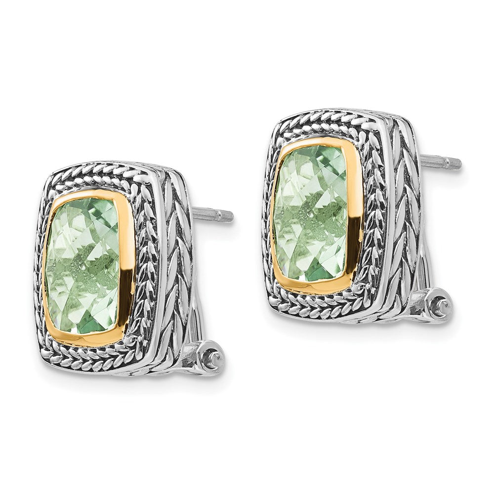 Shey Couture Sterling Silver with 14K Accent Antiqued Cushion Bezel Green Quartz Omega Back Earrings