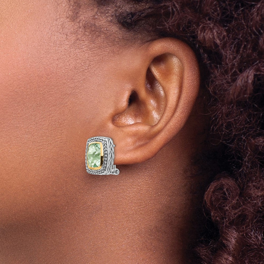 Shey Couture Sterling Silver with 14K Accent Antiqued Cushion Bezel Green Quartz Omega Back Earrings
