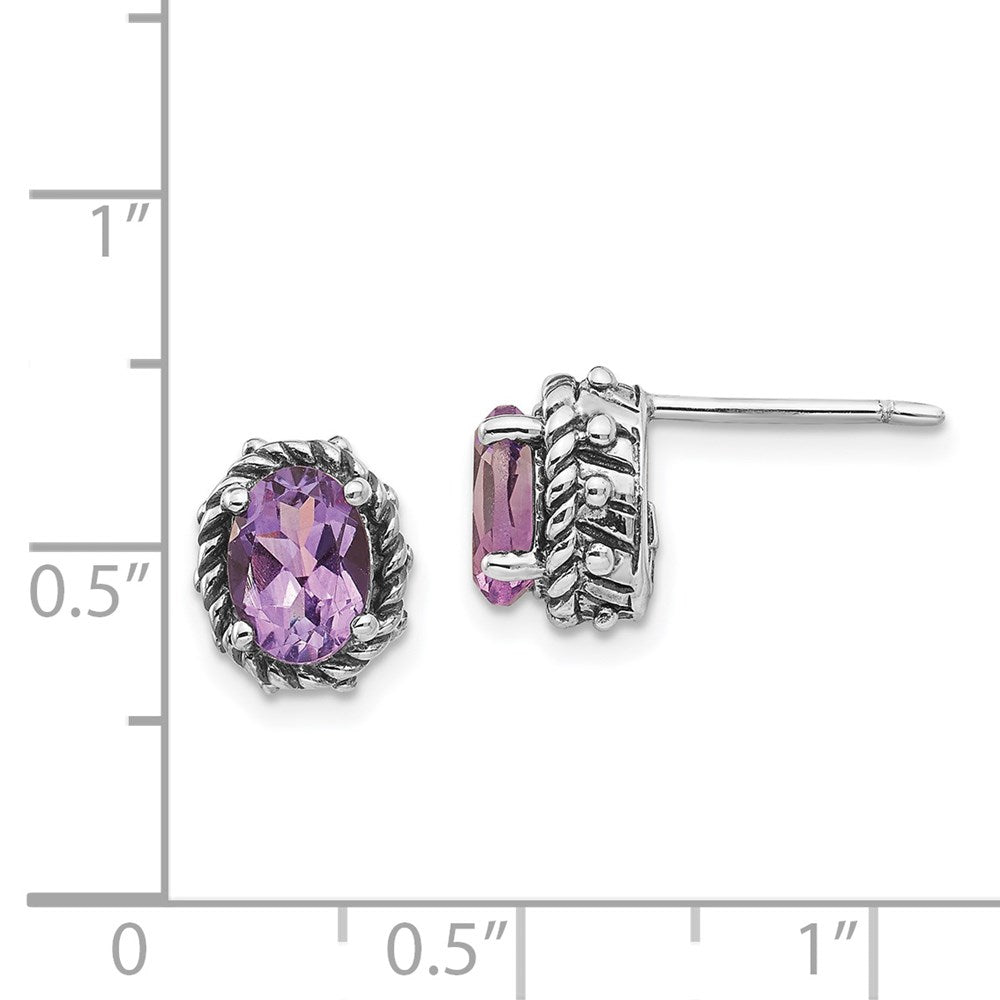 Shey Couture Sterling Silver Antiqued Oval Amethyst Post Earrings