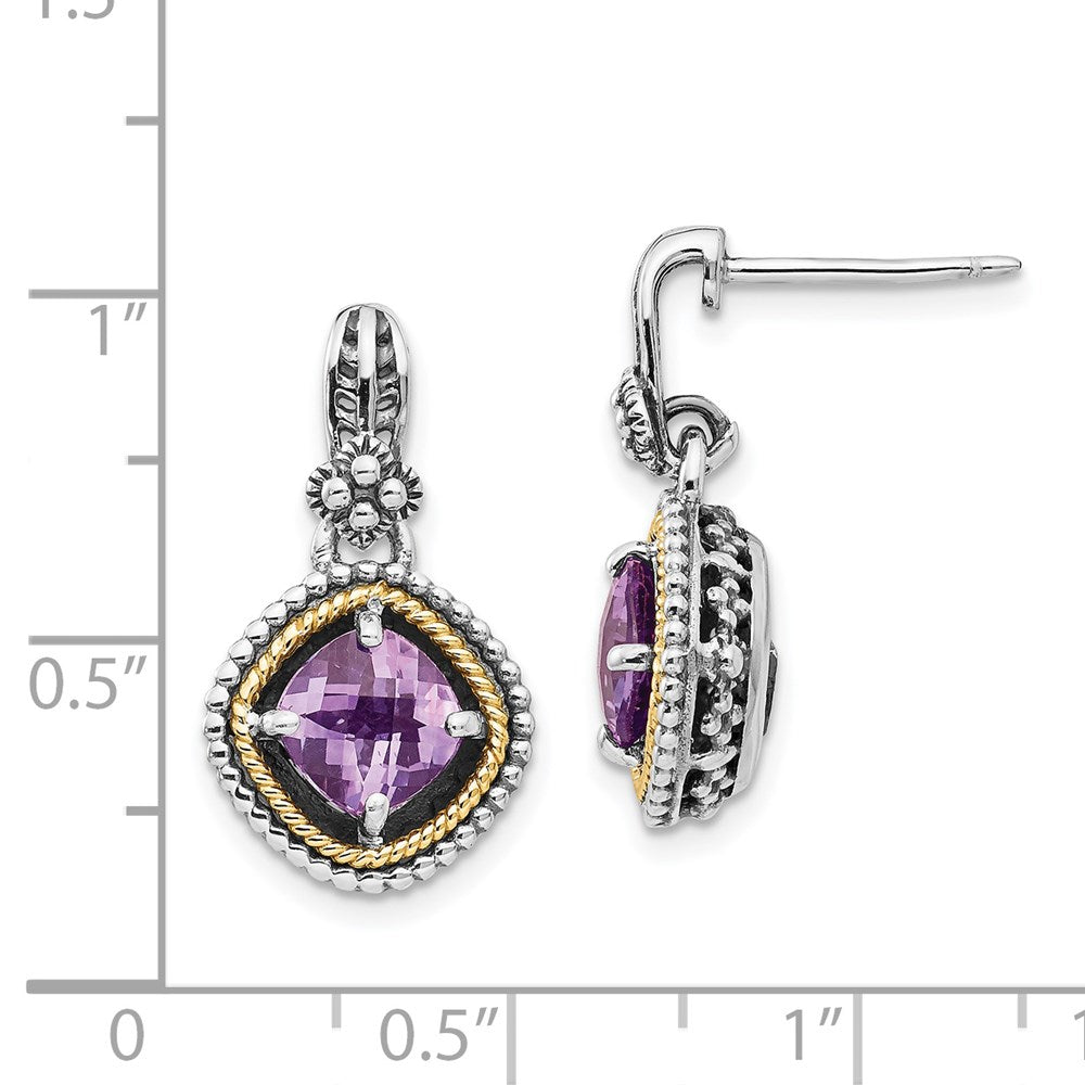 Shey Couture Sterling Silver with 14K Accent Antiqued Cushion Amethyst Post Dangle Earrings