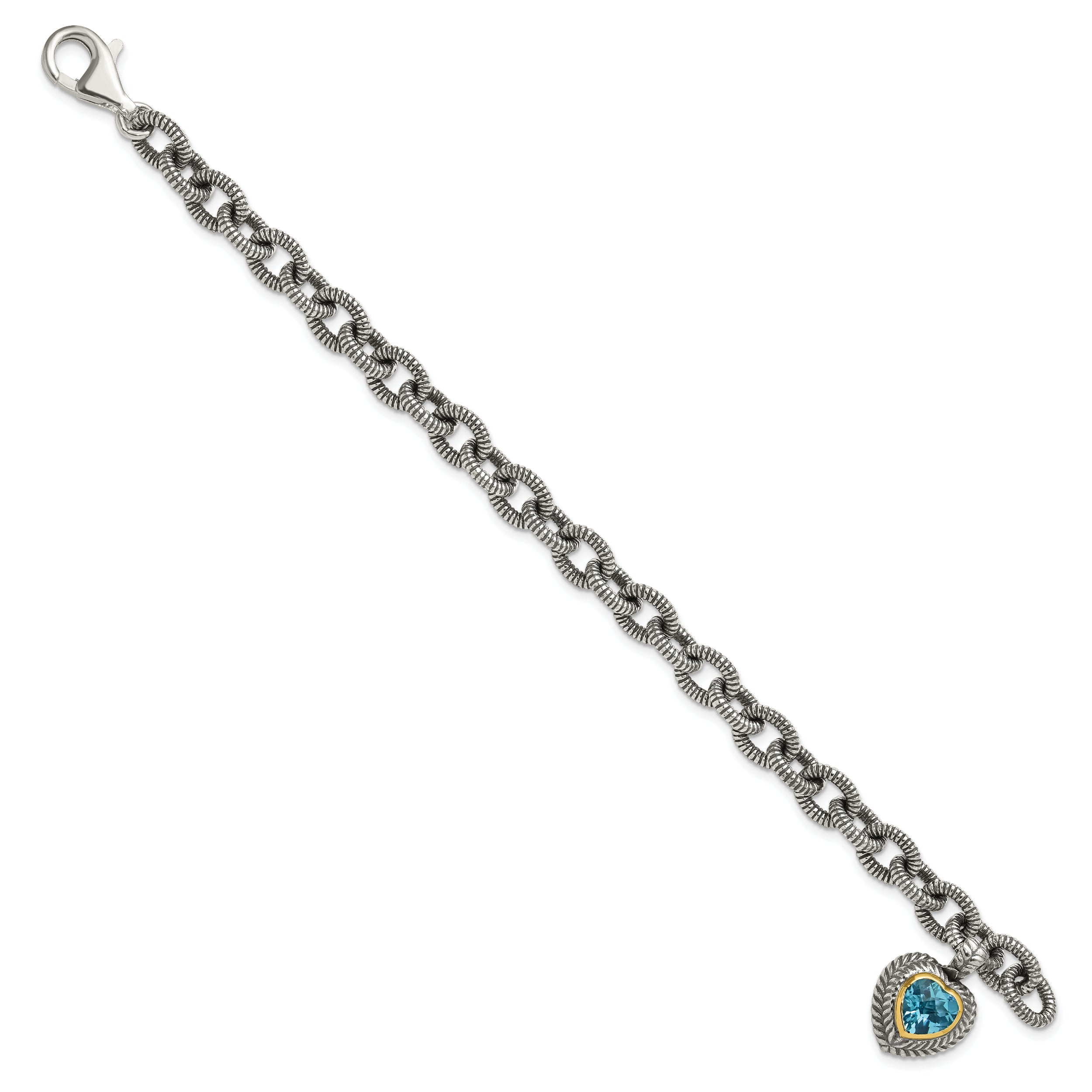 Shey Couture Sterling Silver with 14K Accent 7.5 Inch Antiqued Swiss Blue Topaz Heart Bezel Bracelet