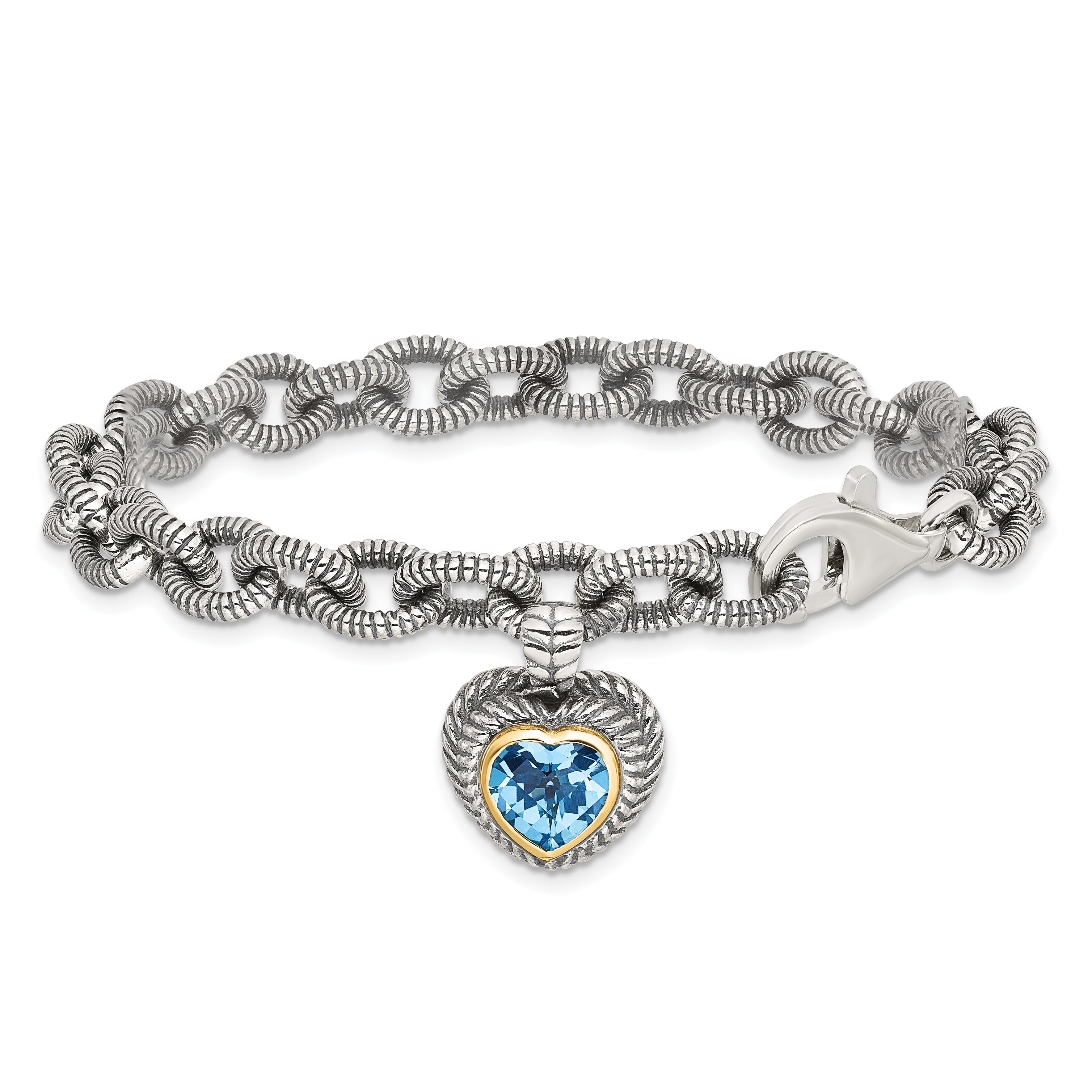 Shey Couture Sterling Silver with 14K Accent 7.5 Inch Antiqued Swiss Blue Topaz Heart Bezel Bracelet