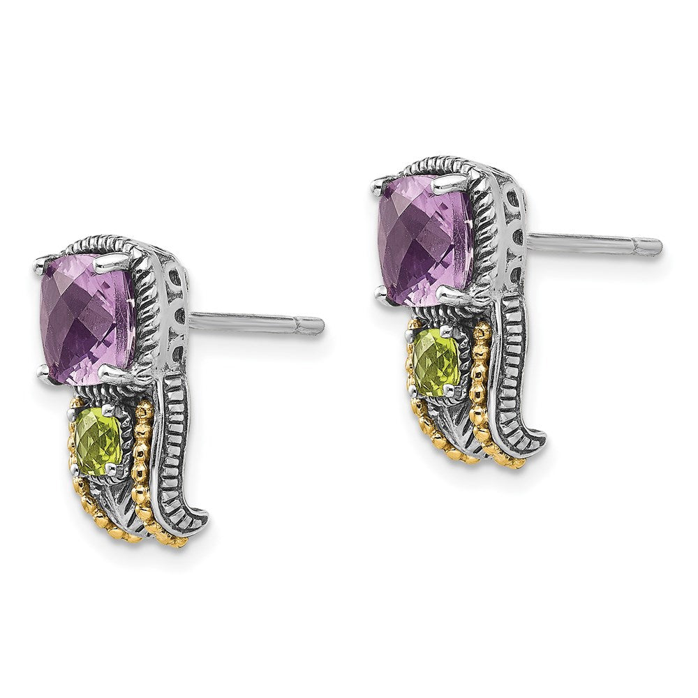 Shey Couture Sterling Silver with 14K Accent Antiqued Cushion 1.50 Amethyst and .24 Peridot Post Earrings
