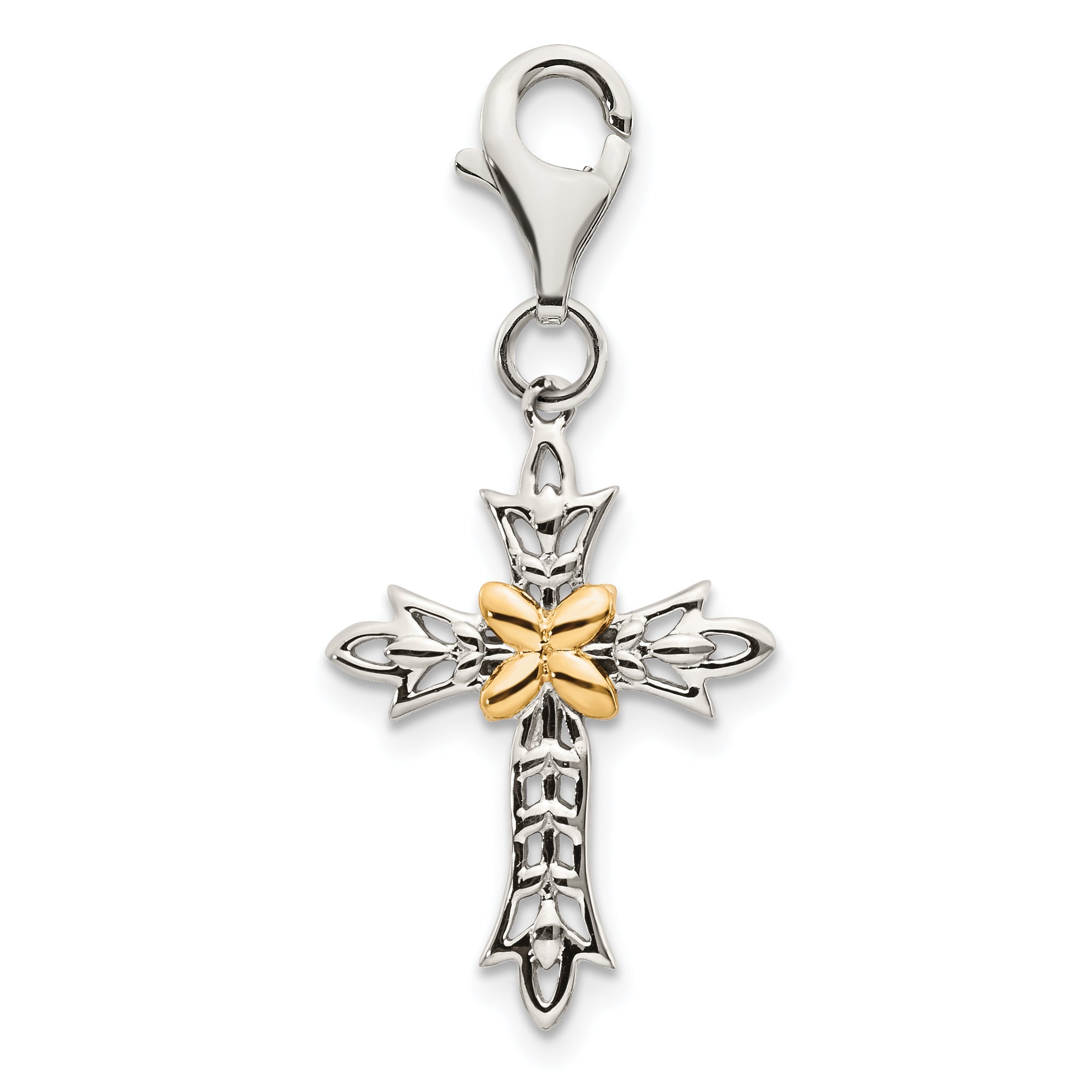 Shey Couture Sterling Silver with 14K Accent Antiqued 3-D Antiqued Cross with Lobster Clasp Charm