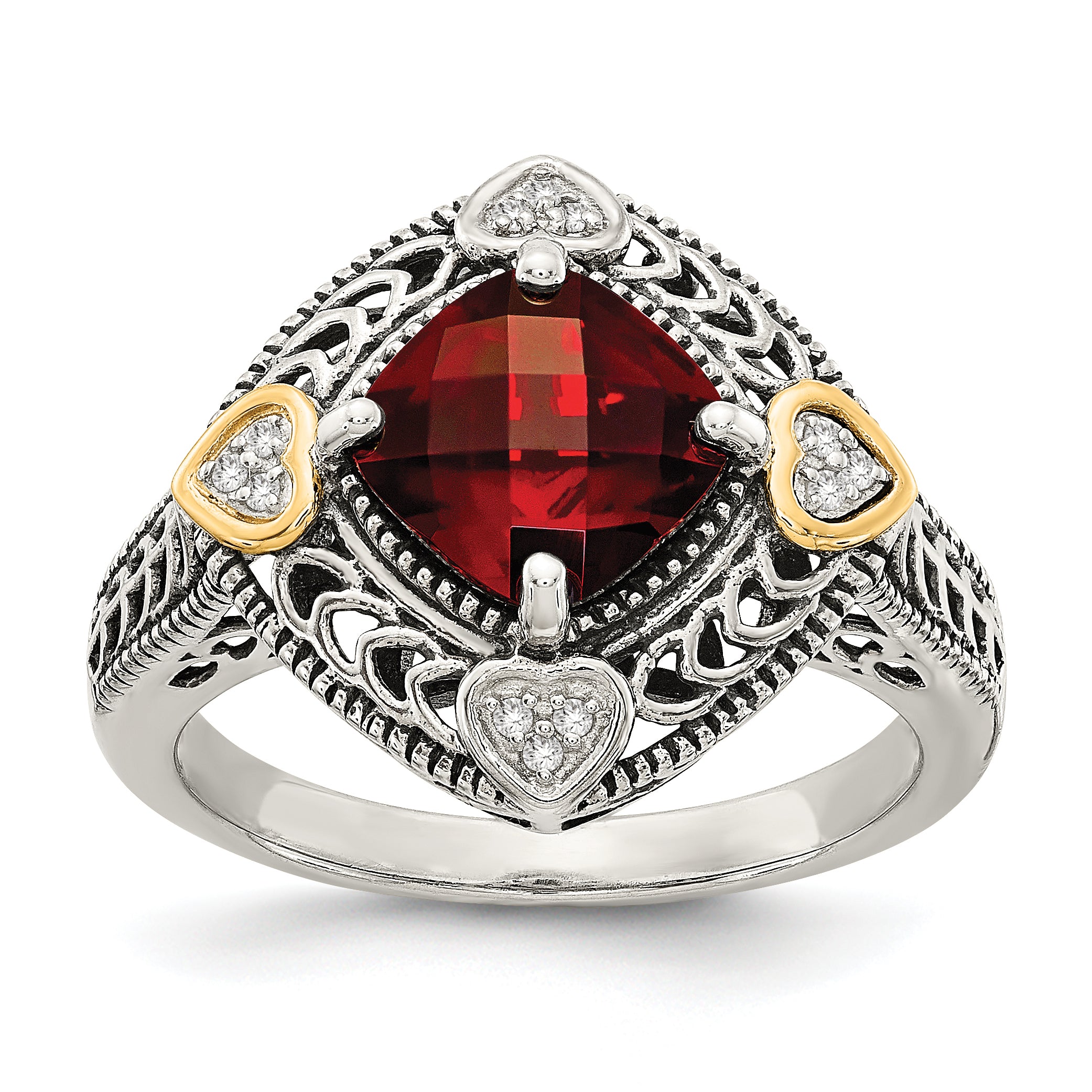 Shey Couture Sterling Silver with 14K Accent Antiqued Diamond and Checkerboard Cushion Garnet Ring