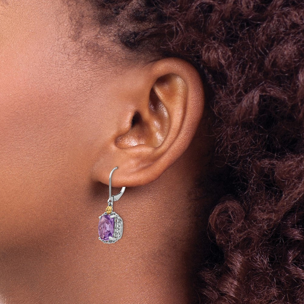 Shey Couture Sterling Silver Antiqued with 14K Accent Cushion Amethyst Leverback Dangle Earrings