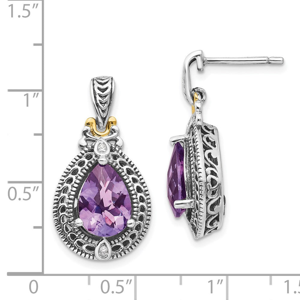 Shey Couture Sterling Silver with 14K Accent Antiqued Diamond and Pear Shaped Amethyst Earrings