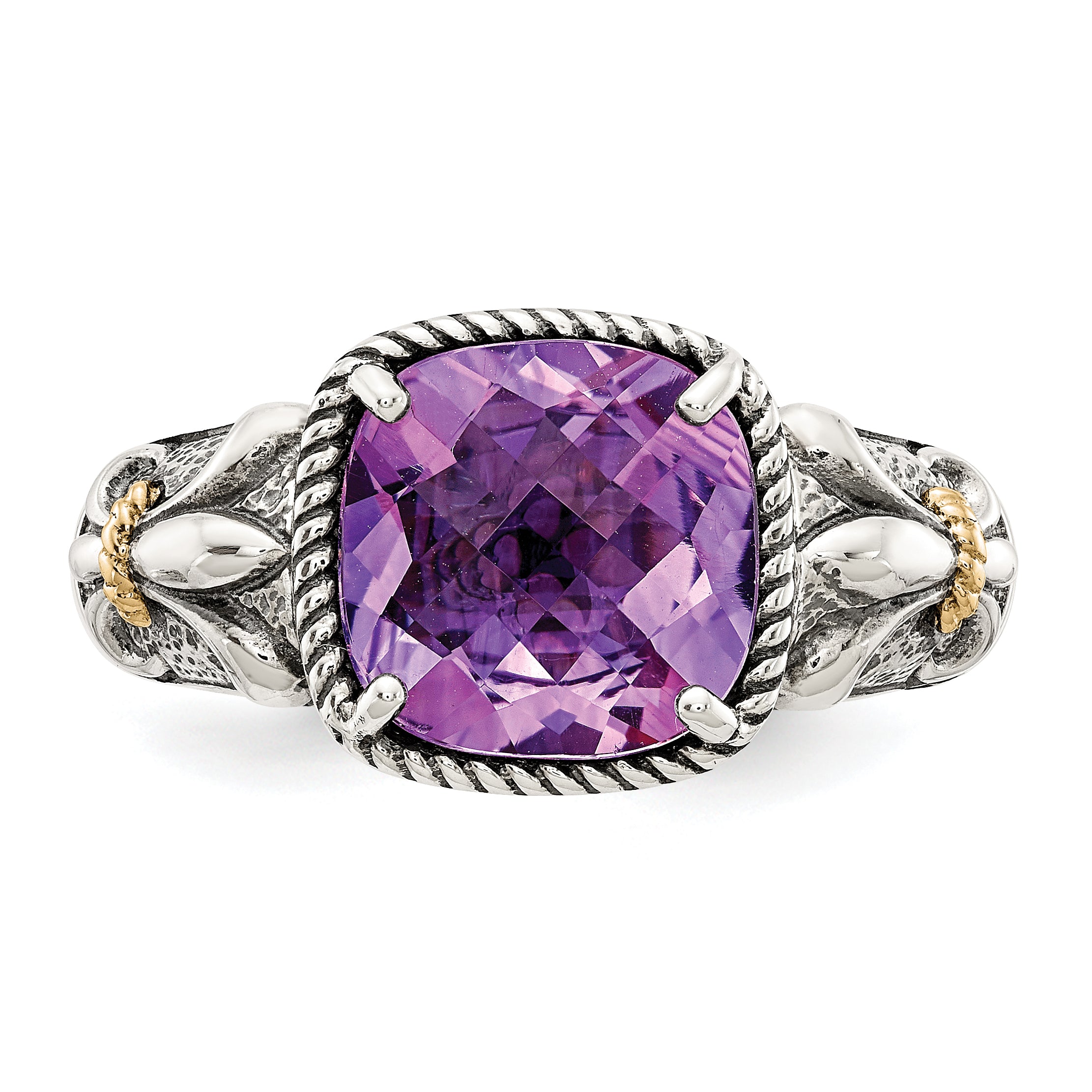 Shey Couture Sterling Silver with 14K Accent Antiqued Cushion Amethyst Ring