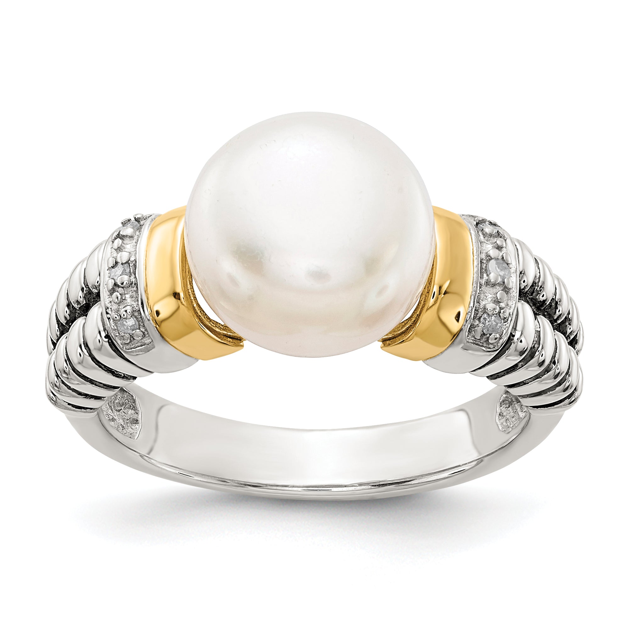 Shey Couture Sterling Silver with 14K Accent Antiqued Diamond and 9.5-10mm Freshwater Cultured Pearl Ring