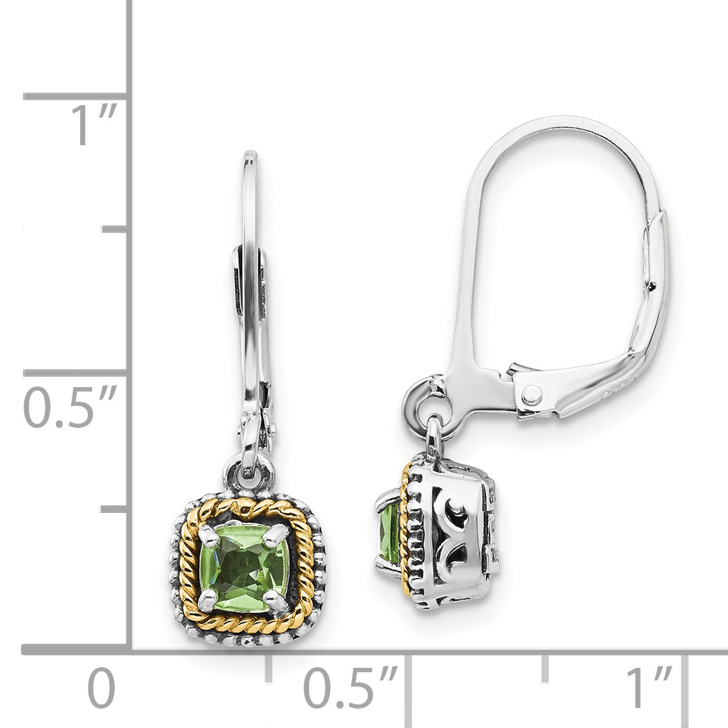 Shey Couture Sterling Silver with 14K Accent Antiqued Cushion Peridot Leverback Earrings