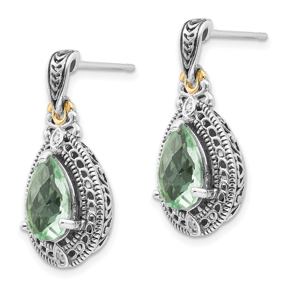Shey Couture Sterling Silver with 14K Accent Antiqued Diamond and Pear Shaped Green Quartz Post Dangle Earrings
