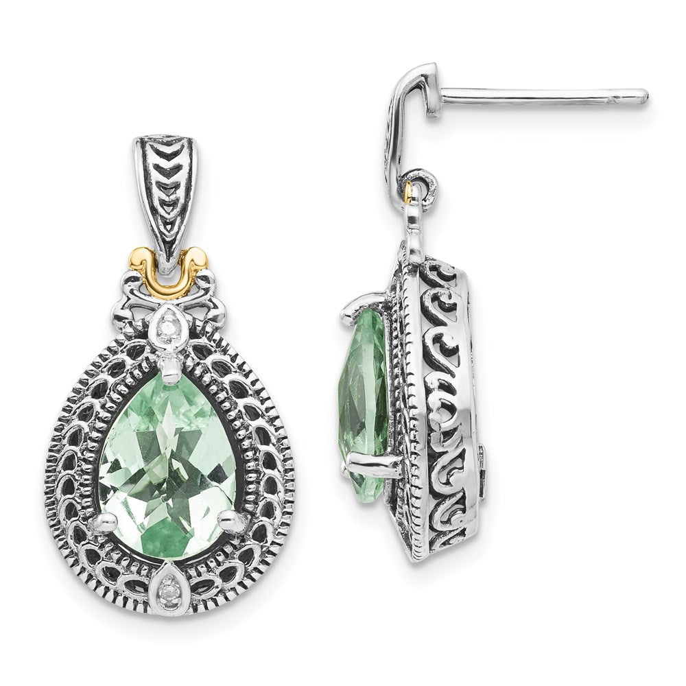 Shey Couture Sterling Silver with 14K Accent Antiqued Diamond and Pear Shaped Green Quartz Post Dangle Earrings
