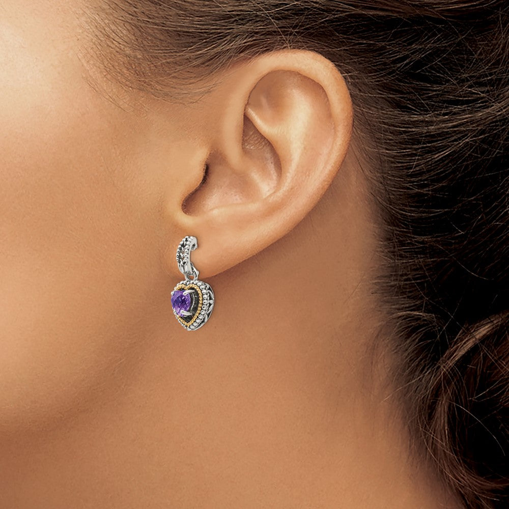 Shey Couture Sterling Silver with 14K Accent Antiqued Amethyst Heart Post Dangle Earrings