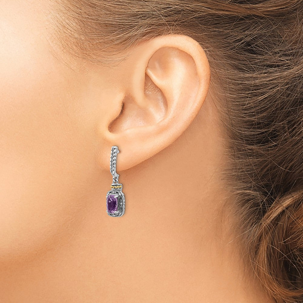 Shey Couture Sterling Silver with 14K Accent Antiqued Cushion Amethyst Post Dangle Earrings