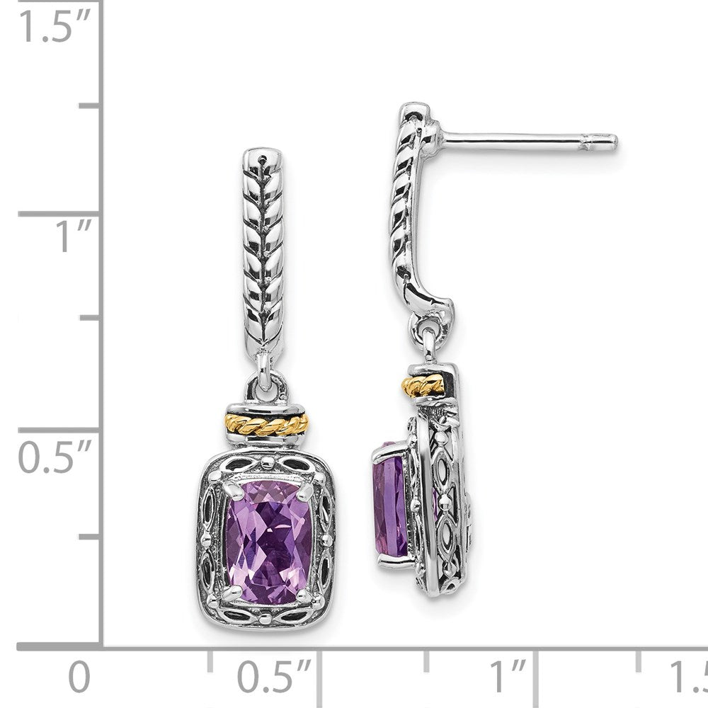 Shey Couture Sterling Silver with 14K Accent Antiqued Cushion Amethyst Post Dangle Earrings