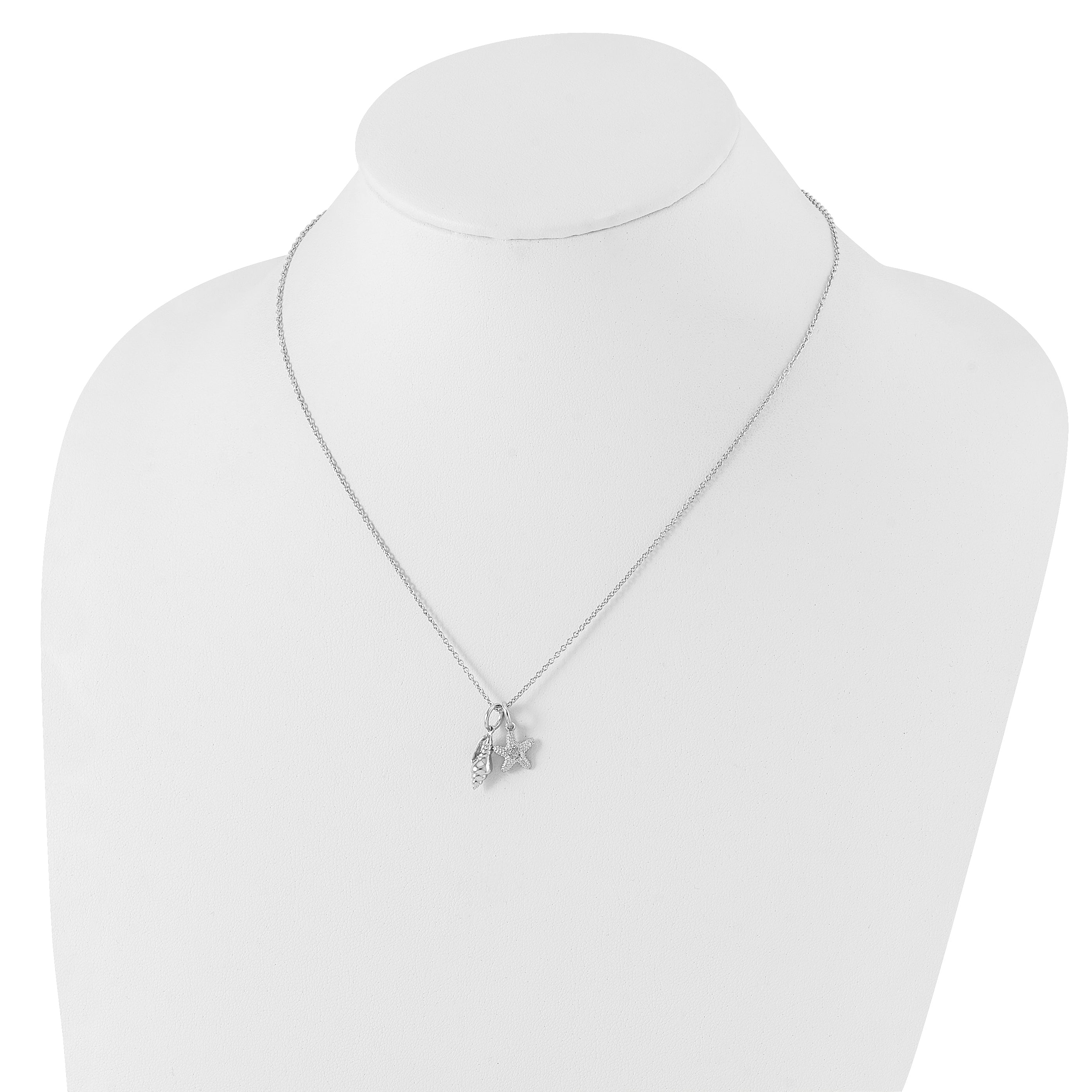 White Ice Sterling Silver Rhodium-plated 18 Inch Diamond Shell and Starfish Necklace with 2 Inch Extender