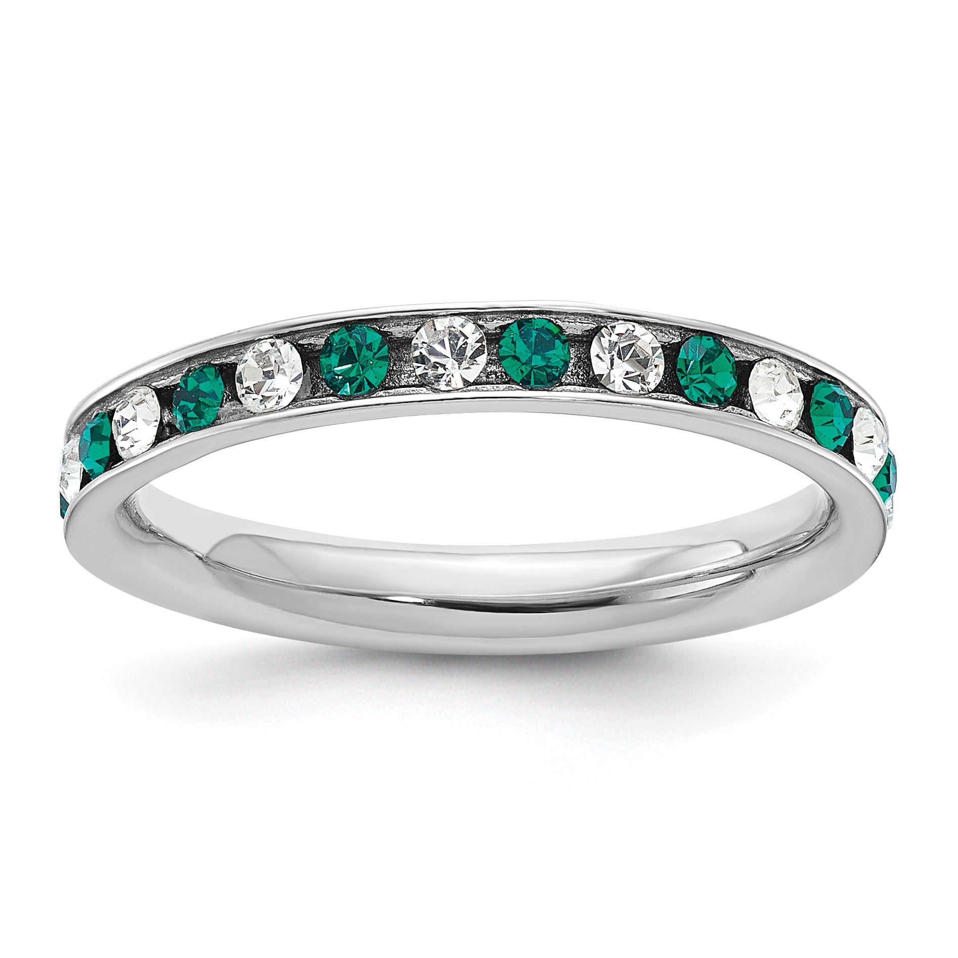 Sterling Silver Rhodium-plated Green and White Crystal Eternity Band Size 8