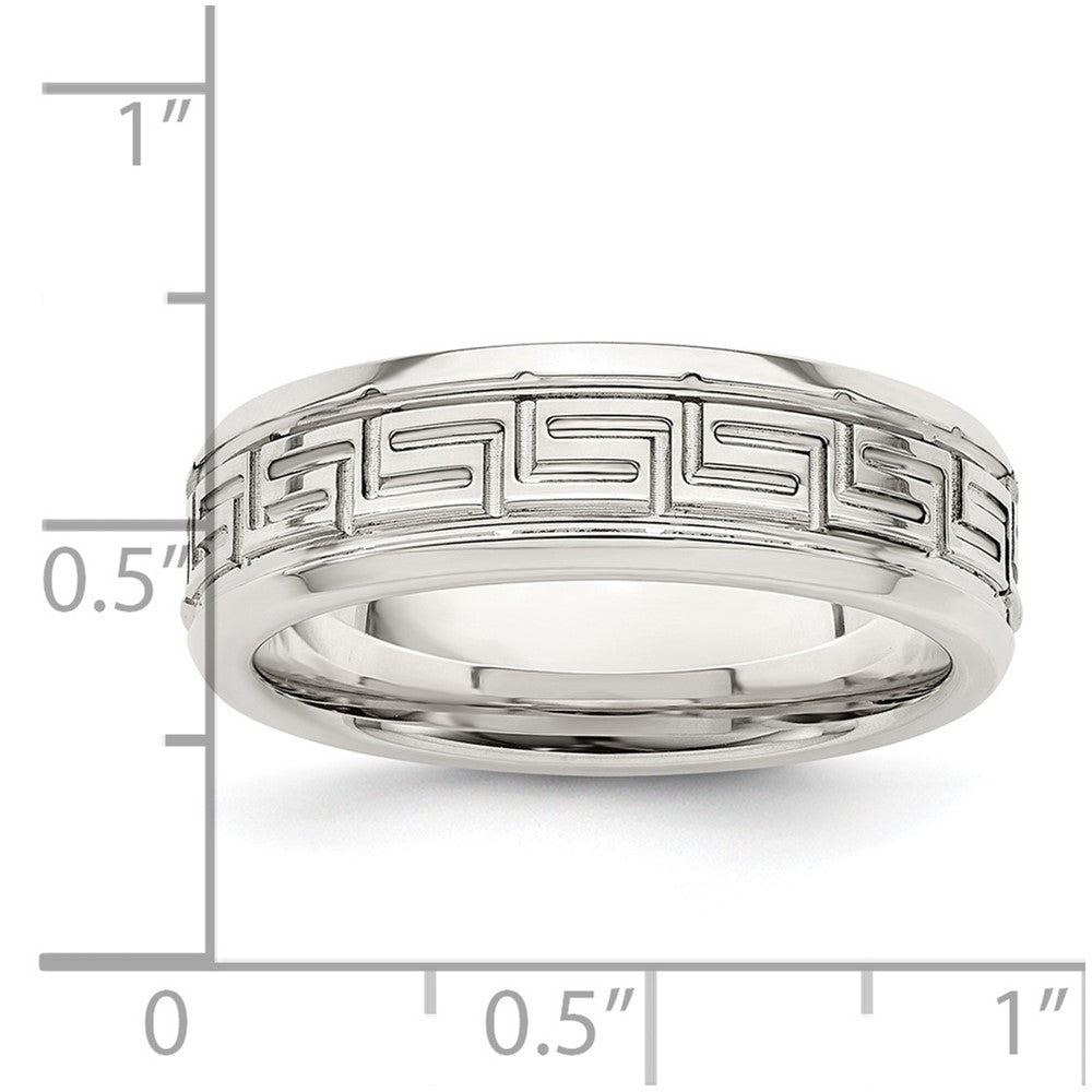Sterling Silver 6mm Polished Flat Greek Key Design Beveled Edge Fancy Band Size 7.5