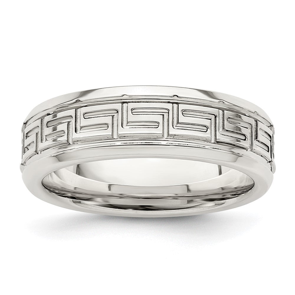 Sterling Silver 6mm Polished Flat Greek Key Design Beveled Edge Fancy Band Size 7.5