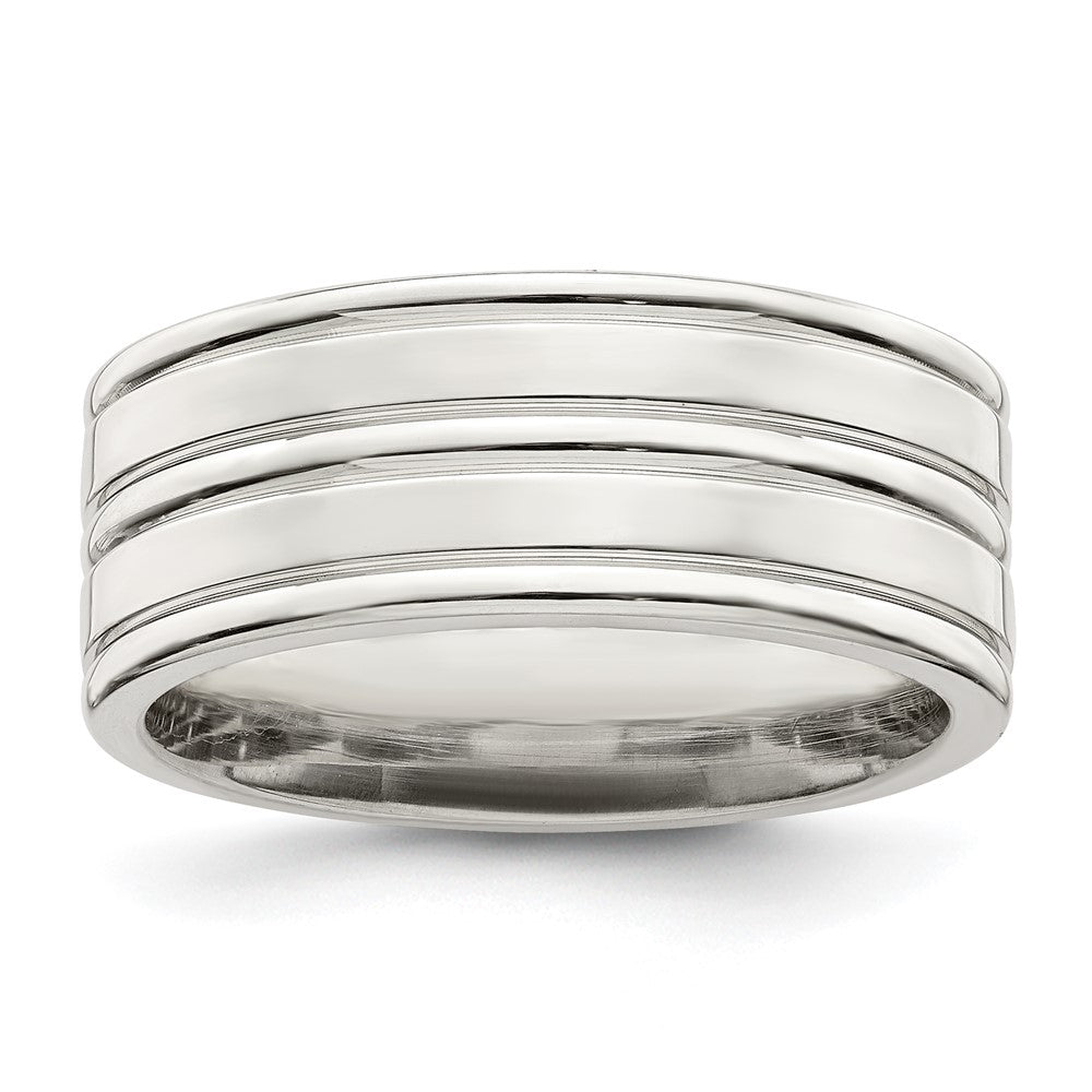 Sterling Silver 8mm Polished Flat Grooved Fancy Band Size 13