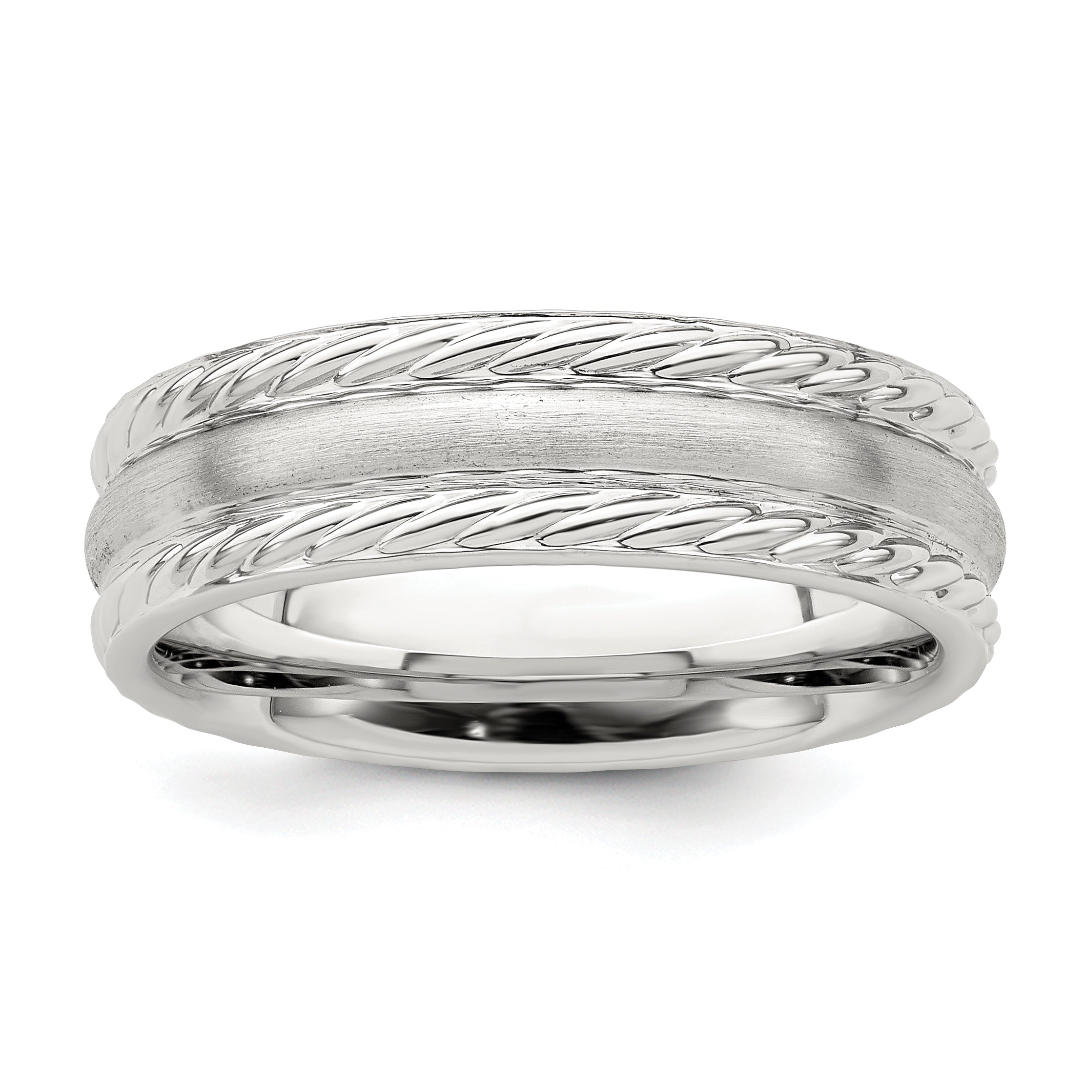 Sterling Silver 6mm Brushed Domed Rope Edge Fancy Band Size 7