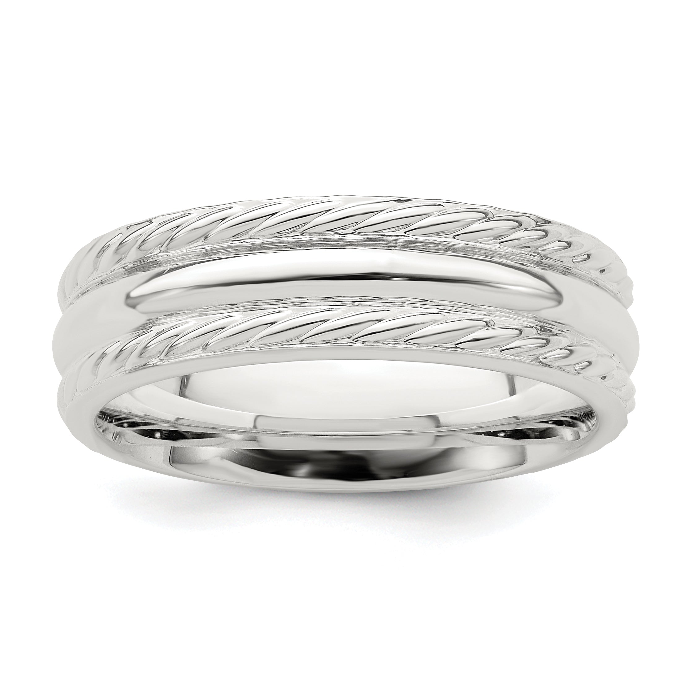 Sterling Silver 6mm Polished Domed Rope Edge Fancy Band Size 7