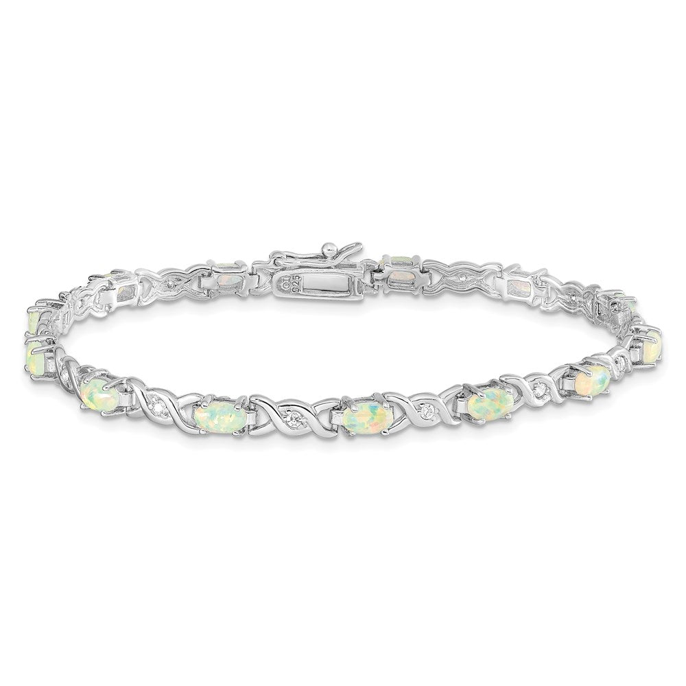 Sterling Silver 7.5inch Rhod-plated White Created Opal and CZ Bracelet