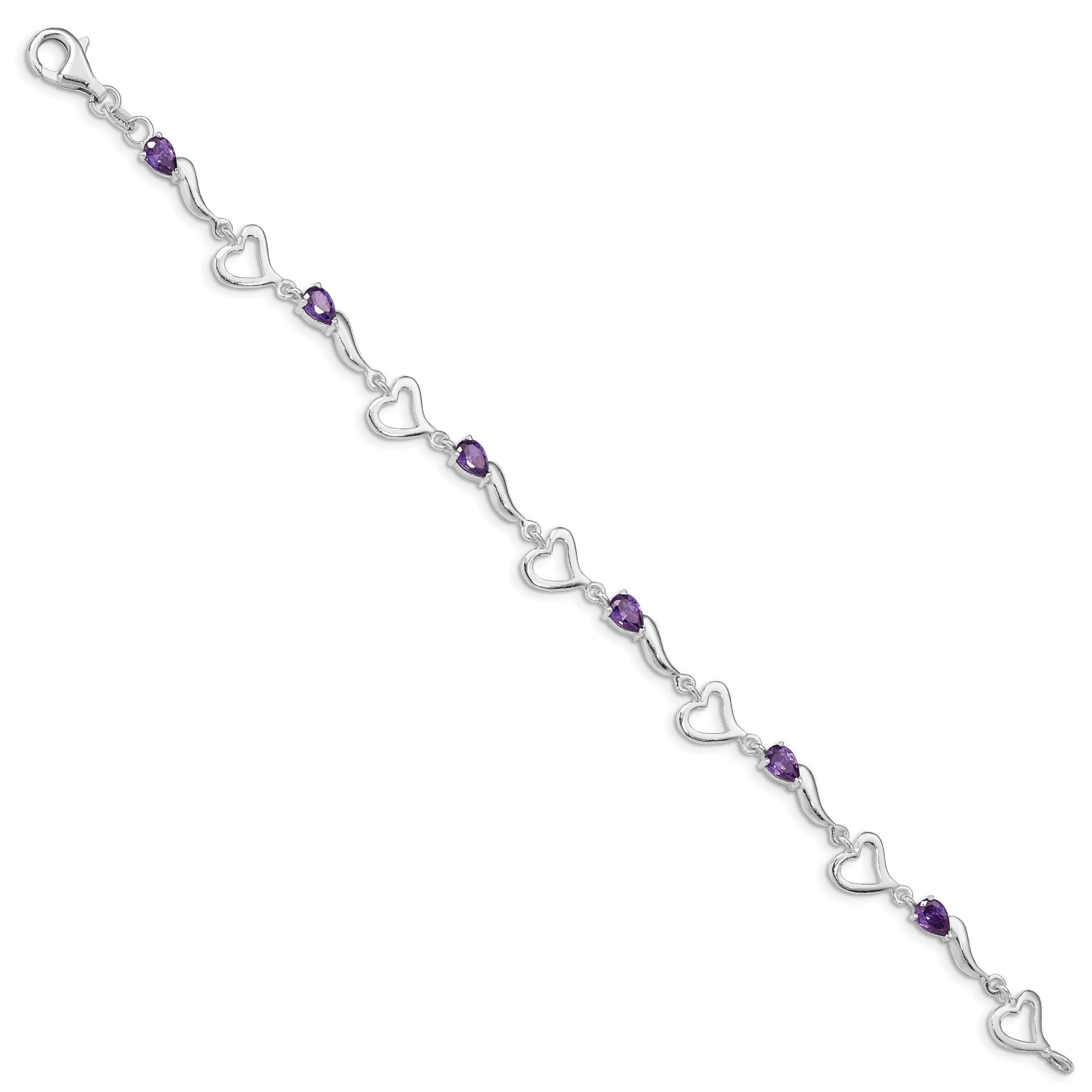 Sterling Silver Rhodium-plated Amethyst Polished Fancy Heart Bracelet
