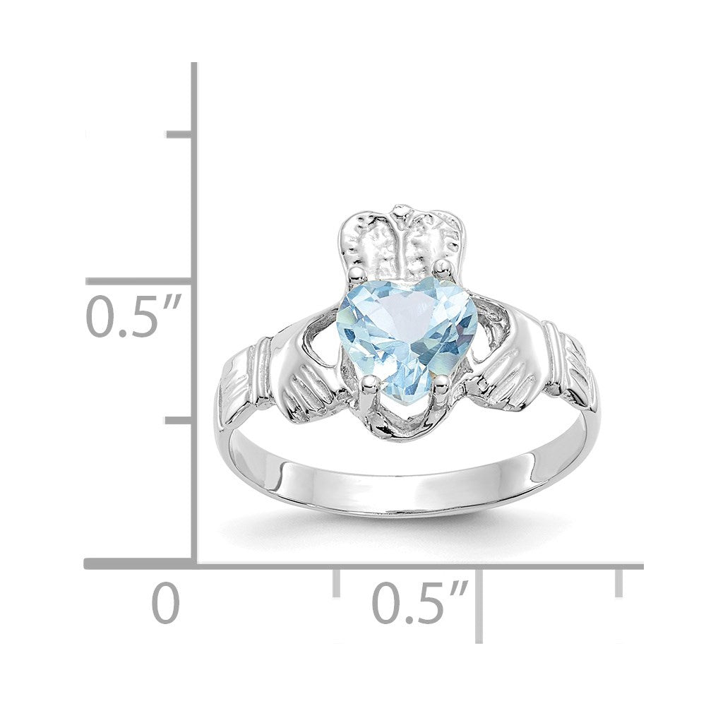 14k White Gold March CZ Birthstone Claddagh Ring